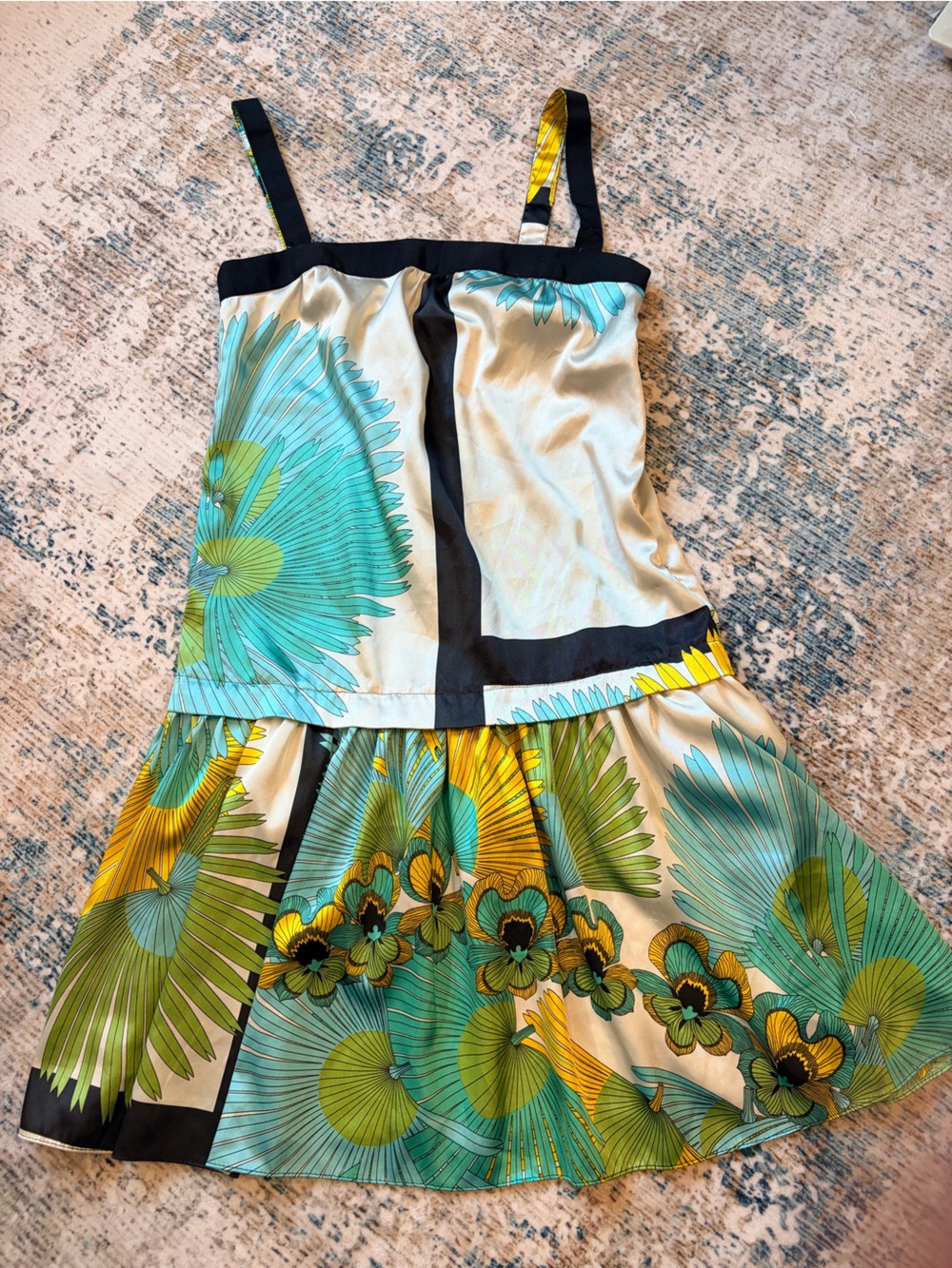 RARE Zara Teal & Yellow Large Print Floral Patchwork Dress with Black Trim